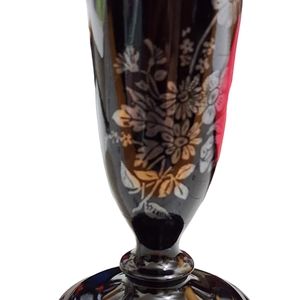 Vintage black glass bud vase with sterling silver floral overlay